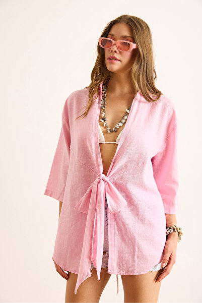 Olalook Women's Pink Lace Front Flam Linen Loose Kimono Kmn-00000072