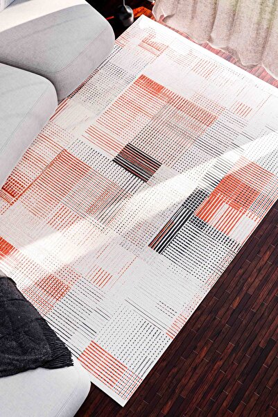 Oriente Home Soyut Desenli Yıkanabilir Kaymaz Taban Şönil Halı Bej Kiremit An...