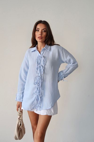 VAGGON Women's Blue Button Detailed Tie-Up Muslin Shirt Vs00662