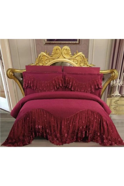 JOJO HOME Cuvertura si fete de perna Lux Matlasate, cu volanase brodate, Jojo Home, 3 piese, 2 persoane, 220x2