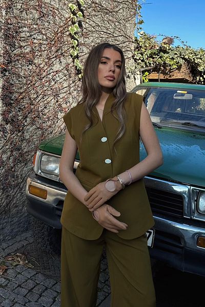 VAGGON Women's Khaki Double Pocket Buttoned Vest Pants Bottom Top Suit Vs00680