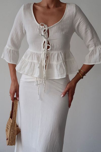VAGGON Tie Detailed Blouse and Skirt Two Piece Set