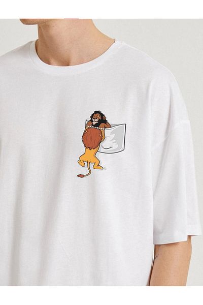 OFFSIDESIGN Men's Unisex Oversize T-Shirt Lion King Pocket Minimal Design Printed Short Sleeve Combed Cotton Summer T-Shirt
