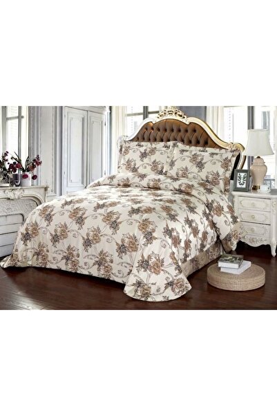 OEM Double bedspread and 2 pillowcases, Satin, 3 pieces, 2 persons, 250x250cm, White-Brown