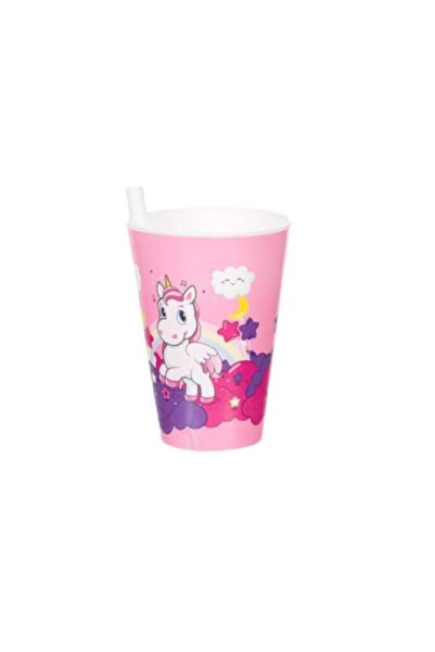 OEM Plastic Cup with Fixed Straw, 400 ml, Unicorn, Pink