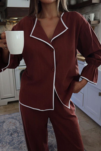 VAGGON Women's Brick V-Neck Elastic Sleeves Linen Top and Bottom Set Vs00663