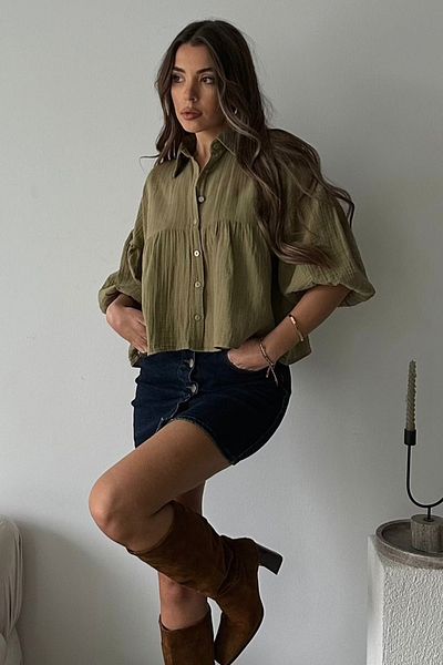 VAGGON Women's Khaki Short Sleeve Muslin Fabric Premium Shirt Vs00659