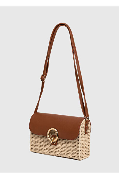 OGGO Geantă de umăr din răchită - cu capac din piele