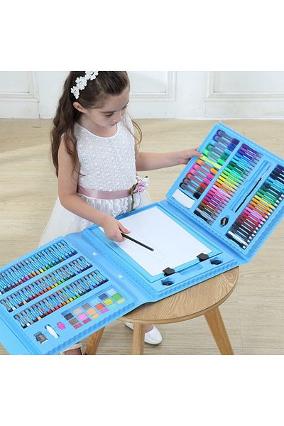 Flippy Set de 208 piese, complet pentru pictură și desen, rabatabil, tip servietă, albastru
