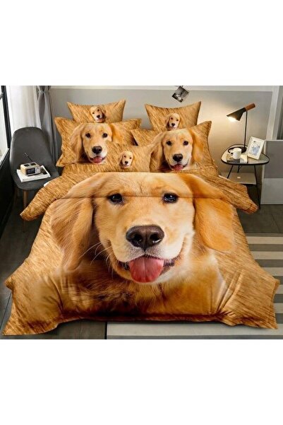 Pucioasa Double bed linen, 2-sided, 3D dog print, 6 pieces, 240x250 cm, fine satin, beige