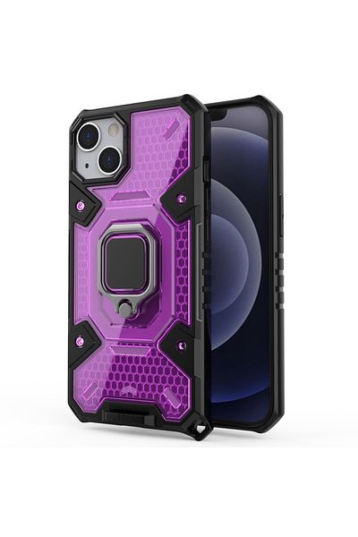 OEM Honeycomb Armor Case with Metal Ring and Car Magnet for iPhone 13, Black Violet