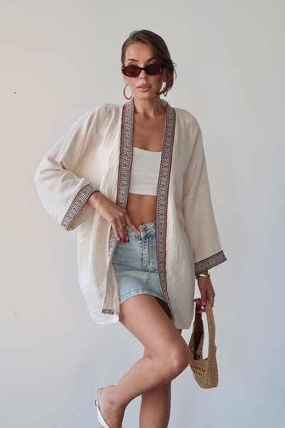 VAGGON Women's Cream Embroidery Detailed Linen Kimono Vs00678