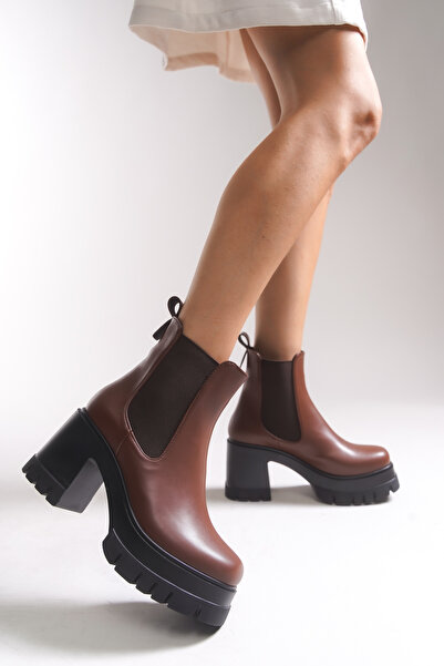 Riccon Nyendorei Γυναικείες μπότες με τακούνι 0012502 Καφέ δέρμα