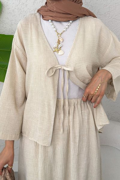 Salih Çelebi Rope Laced Kimono Skirt Set 2367 - Stone Color