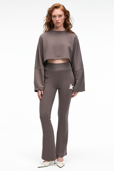 GRIMELANGE Davira Women's Cotton Print and Patch Detailed Regular Anthracite Sweatpants with Side Pockets