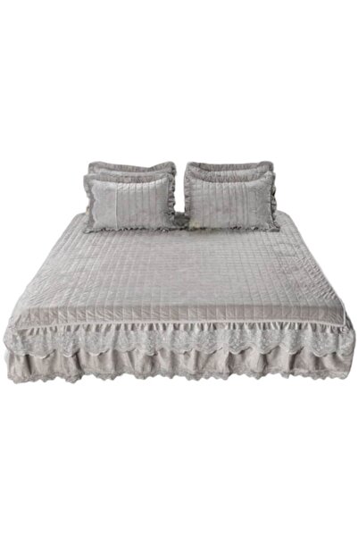 OEM Quilt and 2 Pillowcases, Velvet Lux with Ruffles, Uni, 3 Pieces, 2 Persons, 180x200cm, Light Grey