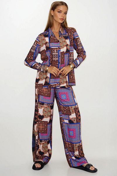 VAGGON Patterned Oversize Shirt and Lace-Up Palazzo Pants Set