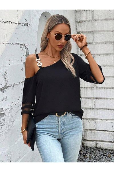 modamtn Women's Strap Asymmetrical Cut Sleeve and Collar Tulle and Accessory Detailed Janjan Crepe Blouse