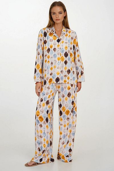 VAGGON Patterned Oversize Shirt and Lace-Up Palazzo Pants Set