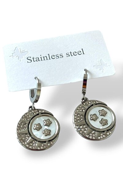 TAKIŞTIR Silver Color Star Stone Detailed Steel Earrings (Pair)