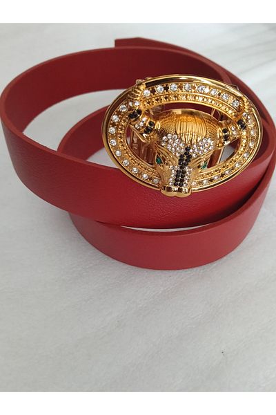 Butik Tülin Unisex Authentic Genuine Cowhide Leather Red Gold Shiny Crystal Stone Bull Head Automatic Buckle Belt