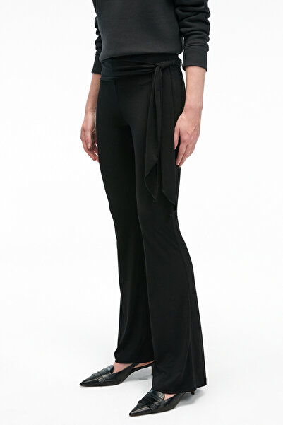 GRIMELANGE Ayshur Women's Stretch Fabric Waistband Detail Wide Leg Slim Fit Black Pants