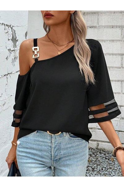 modamtn Women's Strap Asymmetrical Cut Sleeve and Collar Tulle and Accessory Detailed Janjan Crepe Blouse