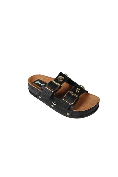 Yaz Kış Ayakkabı Yazkiş Women's Black Skin over Skin Gold Detailed Double Banded Wide Scalloped 4cm Comfortable Sole Slippers