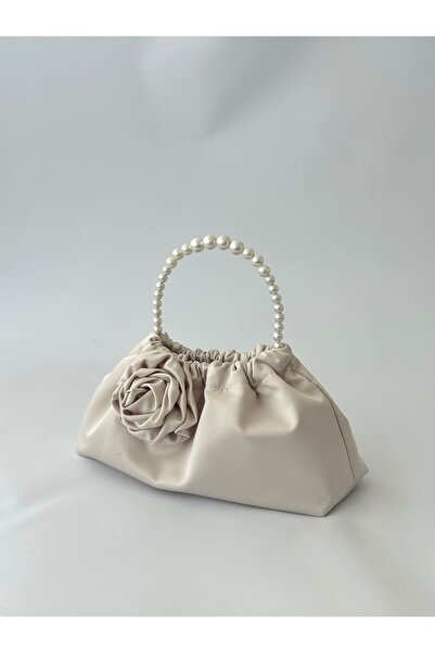 posst bag Βραδινό φόρεμα με χρώμα πέτρας, τσάντα χειρός με τριαντάφυλλα και πέρλες