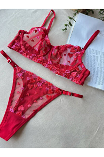 IVONA LINGERIE Kırmızı Kalp Desenli Tül Sütyen String Takım – Zarif ve Özel İç Giyim Seti