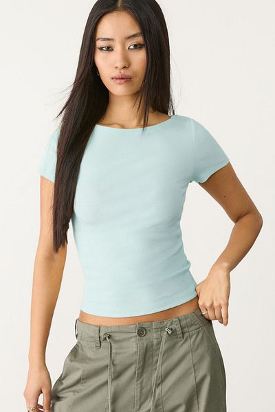 VODENS Light Blue Boat Neck Basic Ultra Soft 100% Cotton Short Sleeve Body