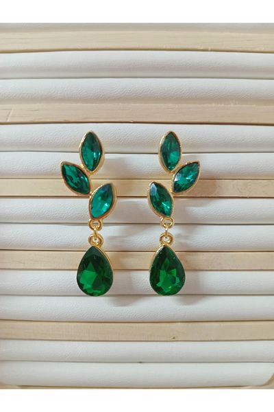 mos&more Green Crystal Stone Leaf Earrings