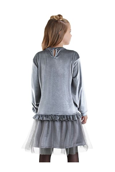 Denokids Girl's Gray Velvet Dress with Leopard Pockets