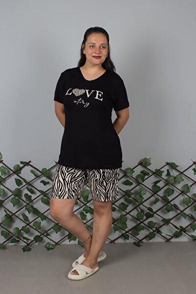 Truva XXL V-Neck Zebra Print Black Plus Size Pajama Set with Shorts