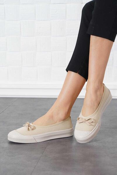 cevaplus حذاء باليه نسائي منسوج باللون البيج مع فيونكة