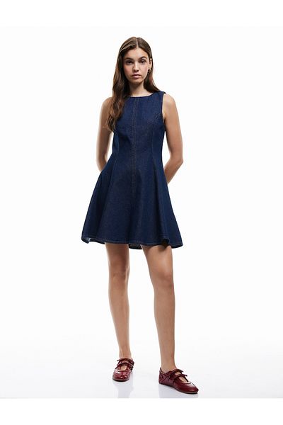 Koton Cotton Sleeveless Crew Neck Mini Denim Dress