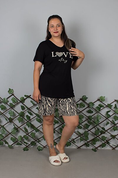 Truva XXL V-Neck Zebra Print Black Plus Size Pajama Set with Shorts