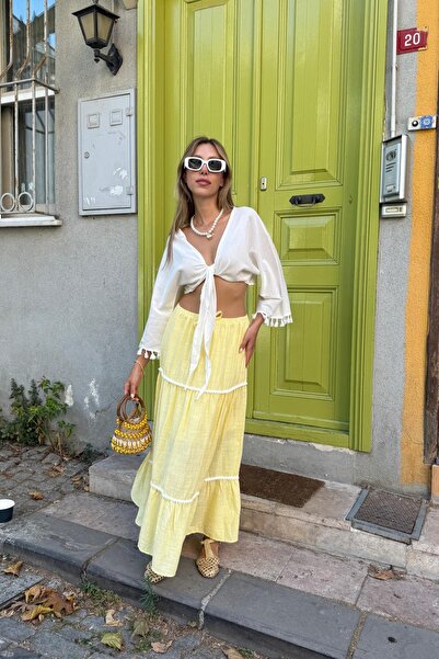 LEVURE Beyaz Püskül Detaylı Bağlamalı Kimono EKRU