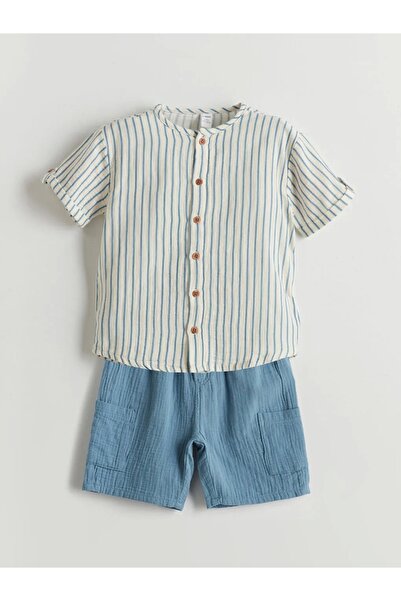 LC Waikiki Lcw Kids Beige Striped 100% Cotton Boys Shirt and Shorts 2 Pcs