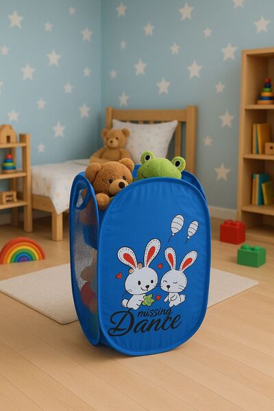 BRE HOME Rabbit Pattern Toy and Laundry Basket – Foldable Mesh Storage Box, Blue Organizer