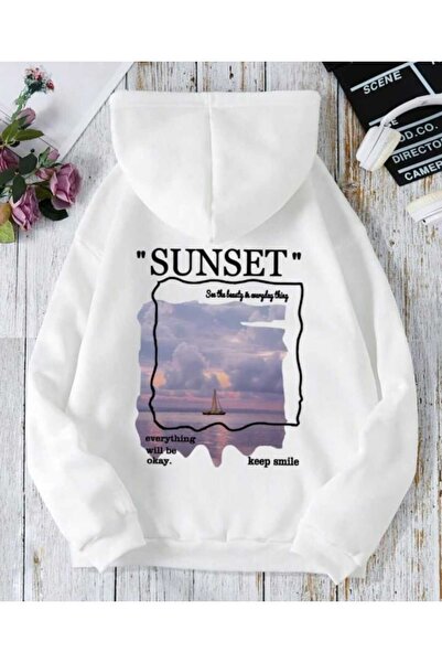 Harajuku Style Hanorac unisex supradimensionat cu imprimeu White Sunset