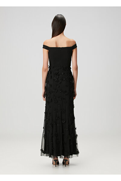 Aidan Mattox Siyah Çiçek Aplikeli Maksi Abiye Elbise