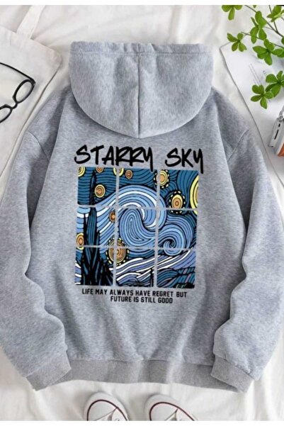 Harajuku Style Hanorac unisex supradimensionat cu imprimeu gri cu cer înstelat