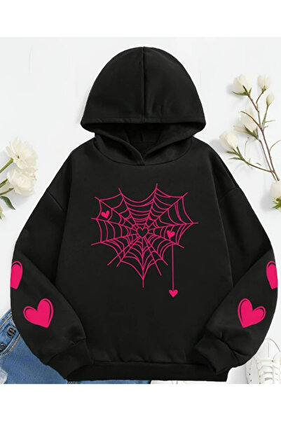 Harajuku Style Hanorac negru unisex, cu imprimeu cu inimă din pânză de păianj...