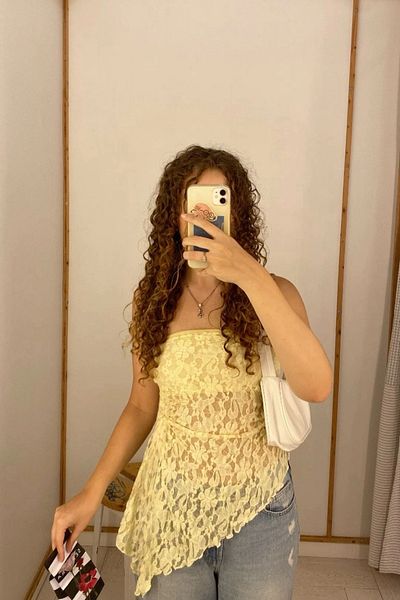 VibeGaia Asymmetrical Cut Slim Fit Strapless Lace Blouse Lined Elegant Design