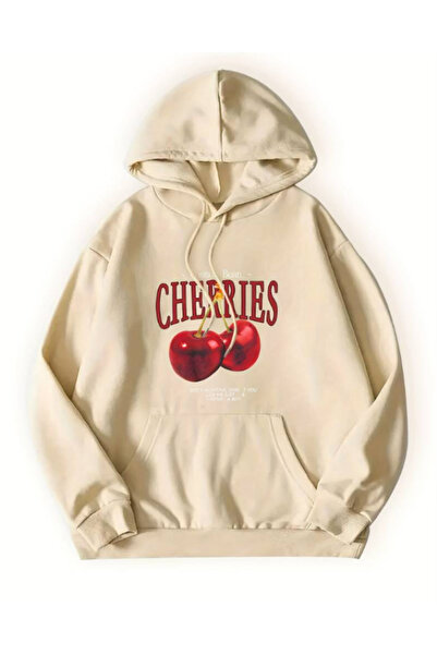 Harajuku Style Bej Oversize Confortabil, gros, de iarnă, cu imprimeu cu cireș...