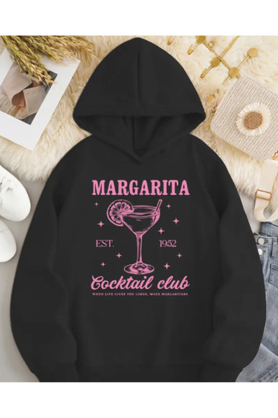 Harajuku Style سويت شيرت نسائي شتوي مطبوع عليه كوكتيل أسود اللون مريح بقلنسوة...