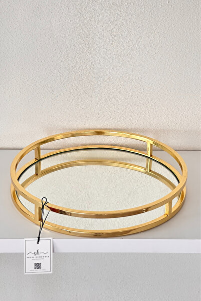 Shura Homeware صينية معدنية مستديرة ذهبية اللون مع مرآة للزينة