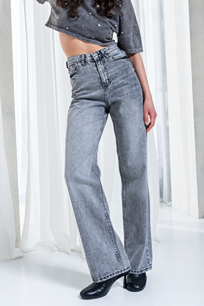 Denim Republic جينز رمادي عالي الخصر كامل الساق للنساء