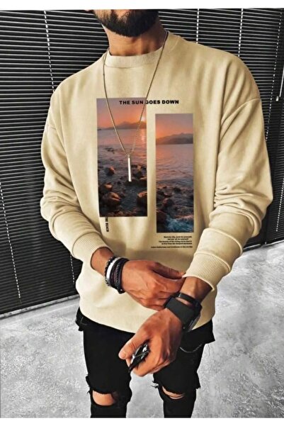 Harajuku Style Hanorac bej cu imprimeu marin, cu guler rotund, Zero Neck